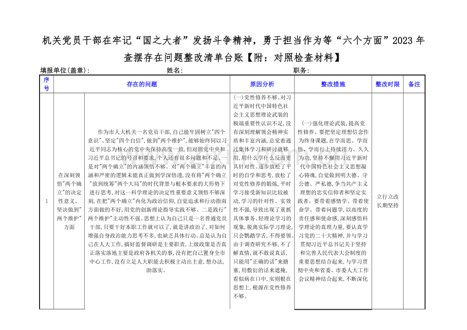 机关党员干部在牢记“国之大者”发扬斗争精神勇于担当作为等“六个方面”2023年查摆存在问题整改清单台账【附：对照检查材料】.docx_第1页