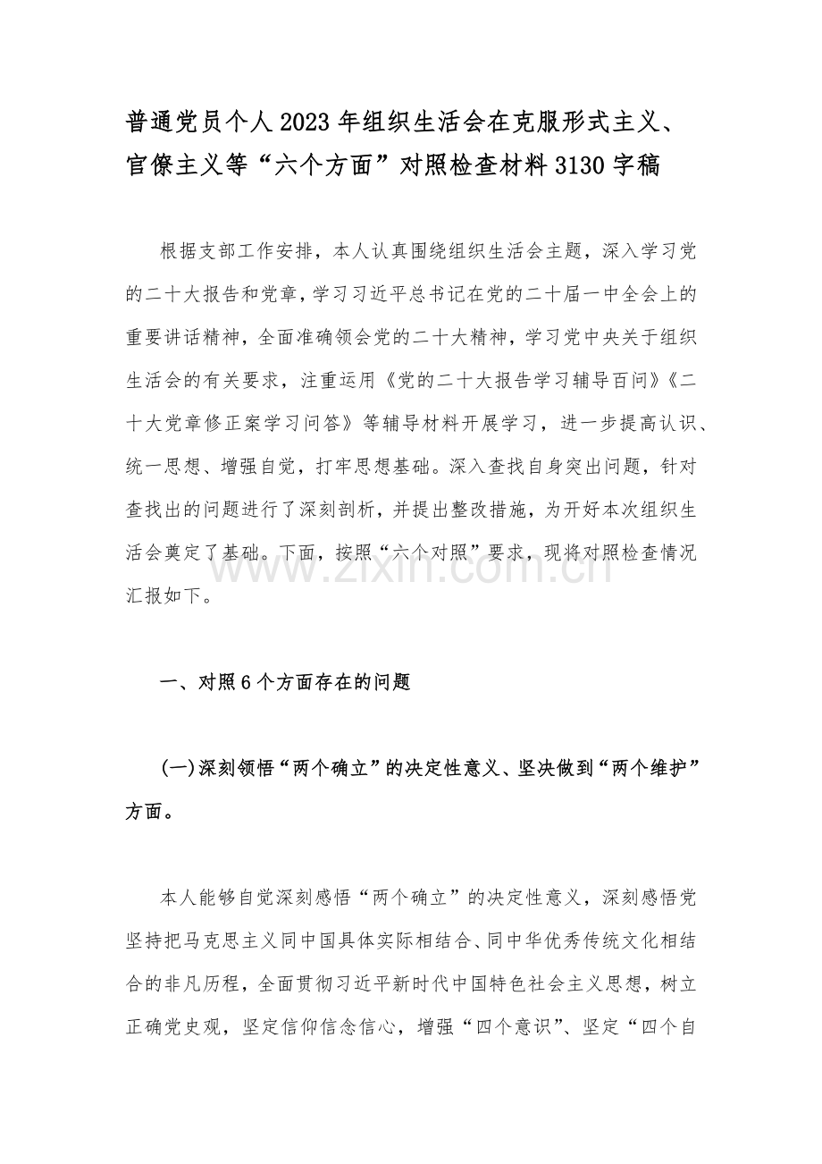 普通党员个人、机关单位党支部、党支部班子2023年组织生活会在克服形式主义、官僚主义等“六个方面”对照检查材料4份稿（供参考）.docx_第2页