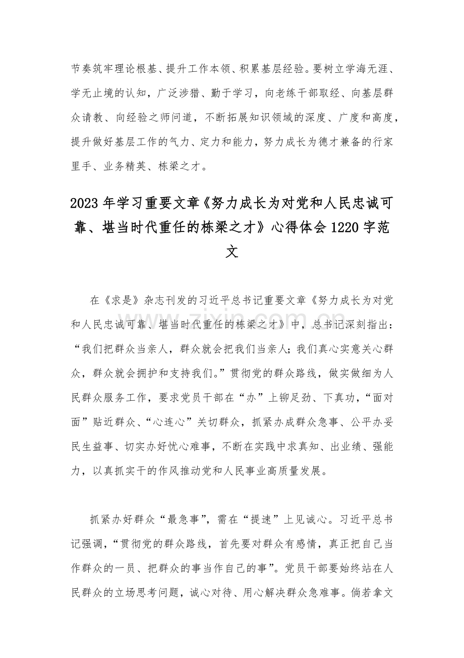 学习2023年重要文章《努力成长为对党和人民忠诚可靠、堪当时代重任的栋梁之才》心得体会范文2篇稿.docx_第3页