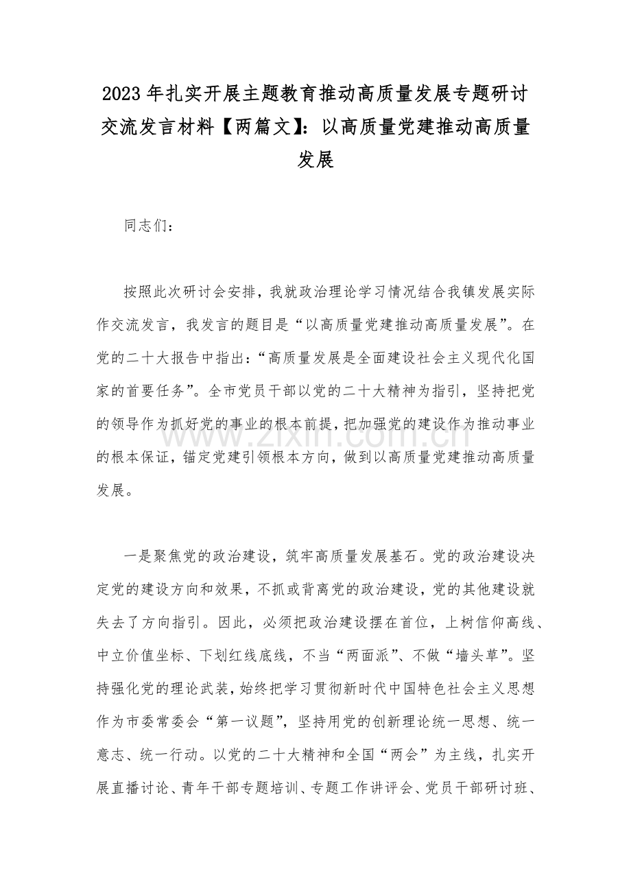 2023年扎实开展主题教育推动高质量发展专题研讨交流发言材料【两篇文】：以高质量党建推动高质量发展.docx_第1页