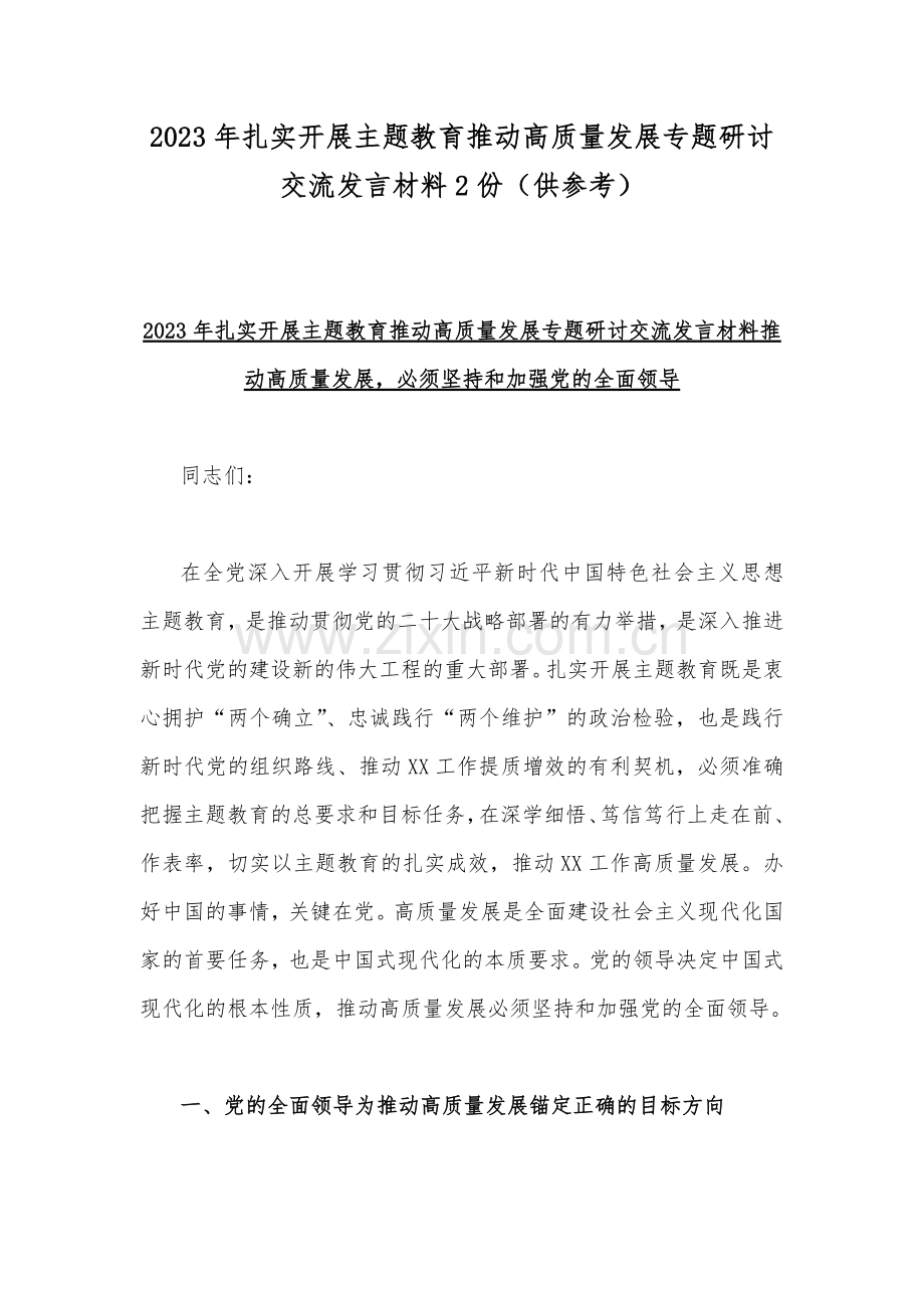 2023年扎实开展主题教育推动高质量发展专题研讨交流发言材料2份（供参考）.docx_第1页