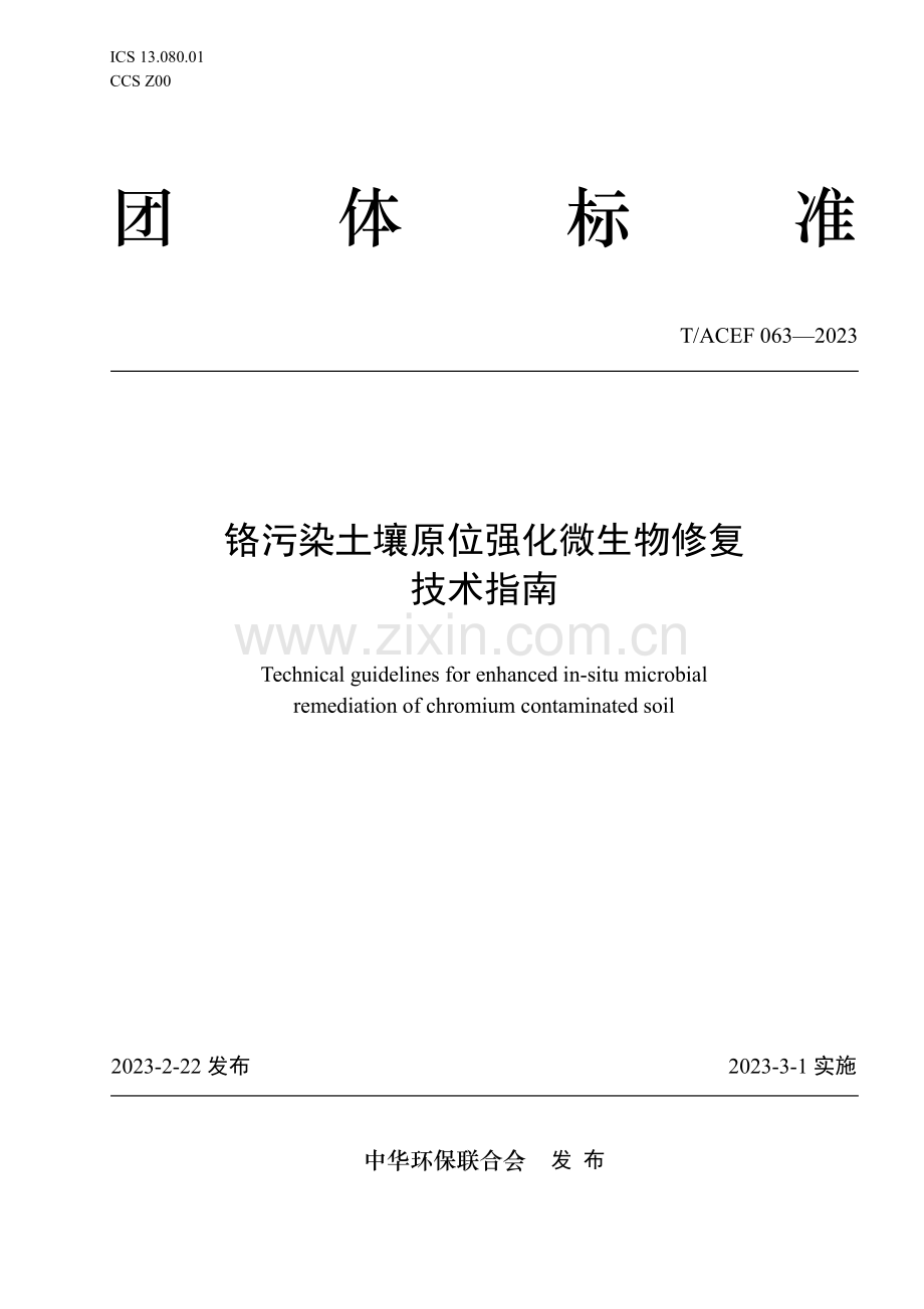 T∕ACEF 063-2023 铬污染土壤原位强化微生物修复技术指南.pdf_第1页