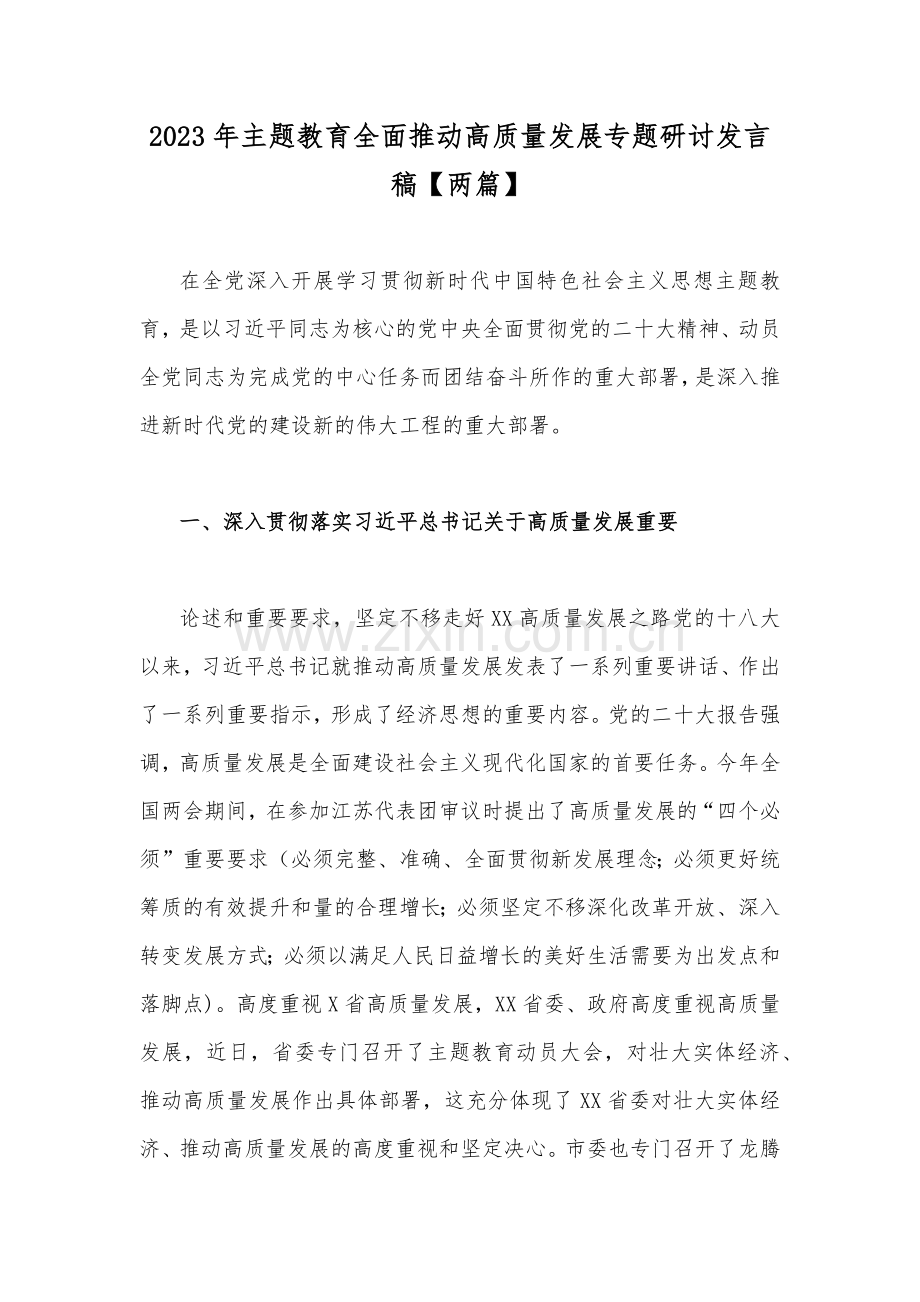 2023年主题教育全面推动高质量发展专题研讨发言稿【两篇】.docx_第1页