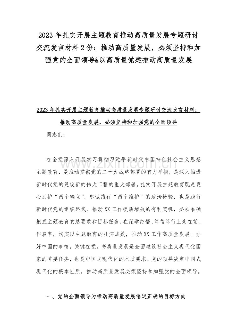 2023年扎实开展主题教育推动高质量发展专题研讨交流发言材料2份：推动高质量发展必须坚持和加强党的全面领导&以高质量党建推动高质量发展.docx_第1页