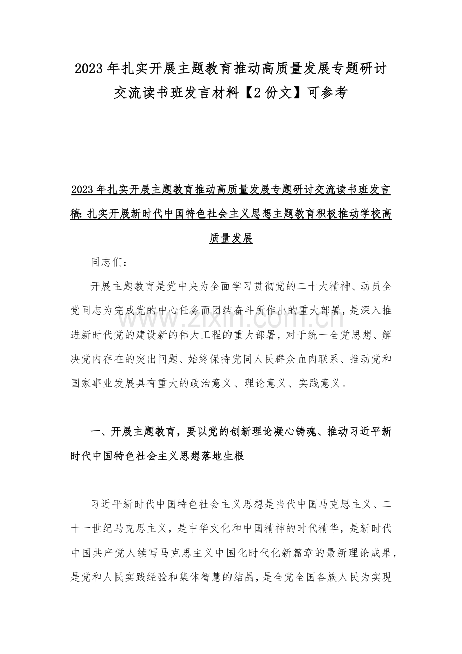 2023年扎实开展主题教育推动高质量发展专题研讨交流读书班发言材料【2份文】可参考.docx_第1页