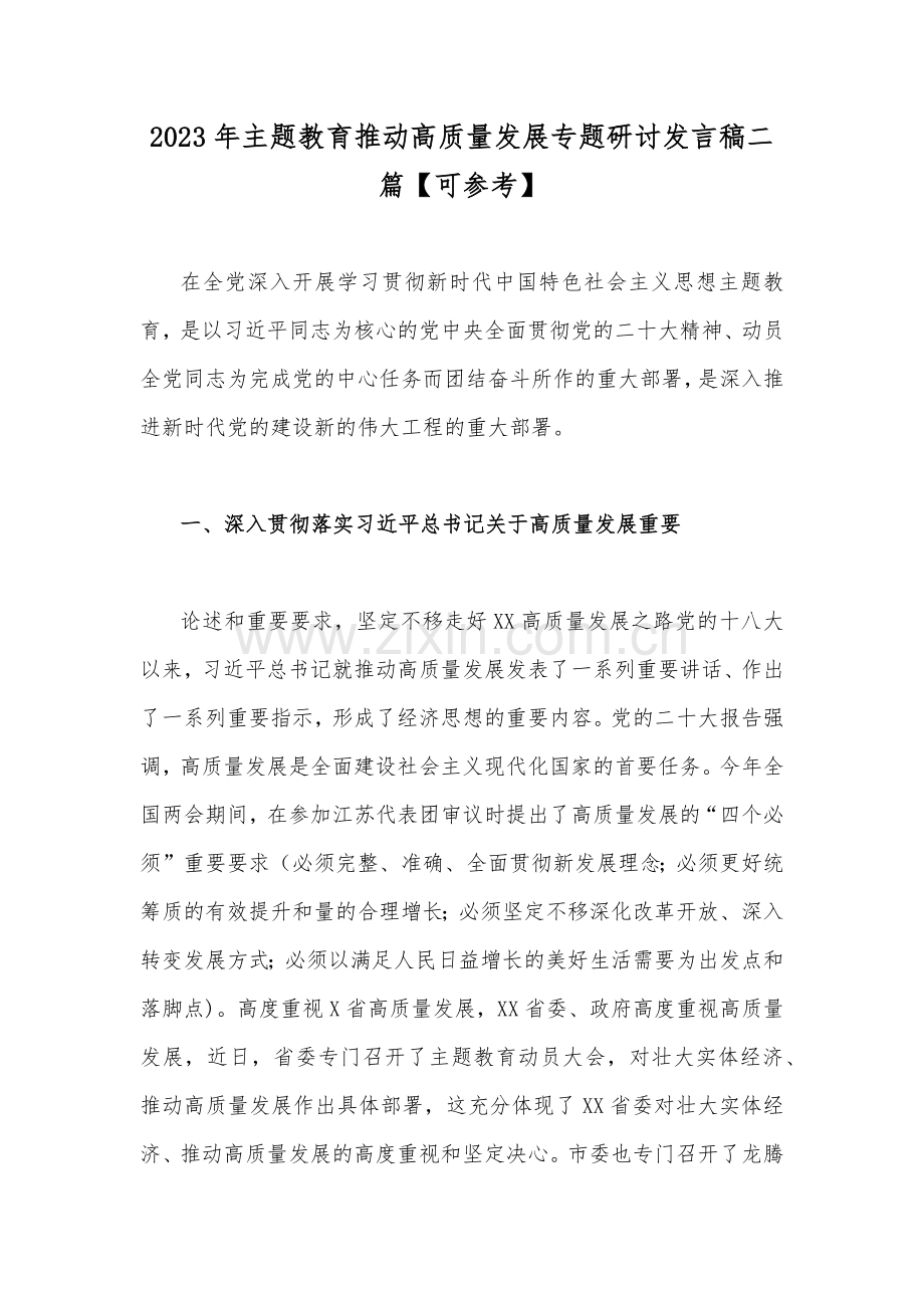 2023年主题教育推动高质量发展专题研讨发言稿二篇【可参考】.docx_第1页