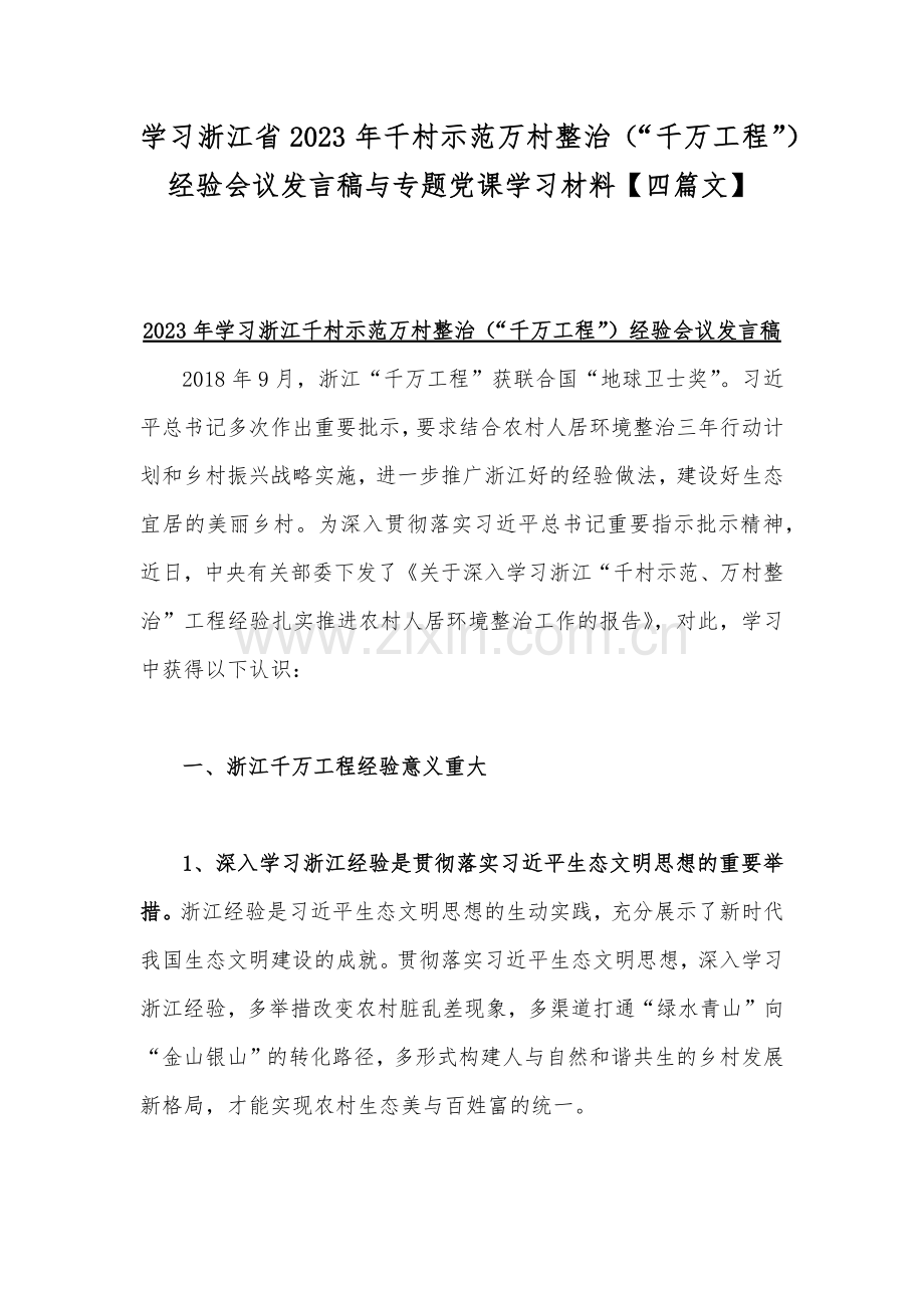 学习浙江省2023年千村示范万村整治（“千万工程”）经验会议发言稿与专题党课学习材料【四篇文】.docx_第1页