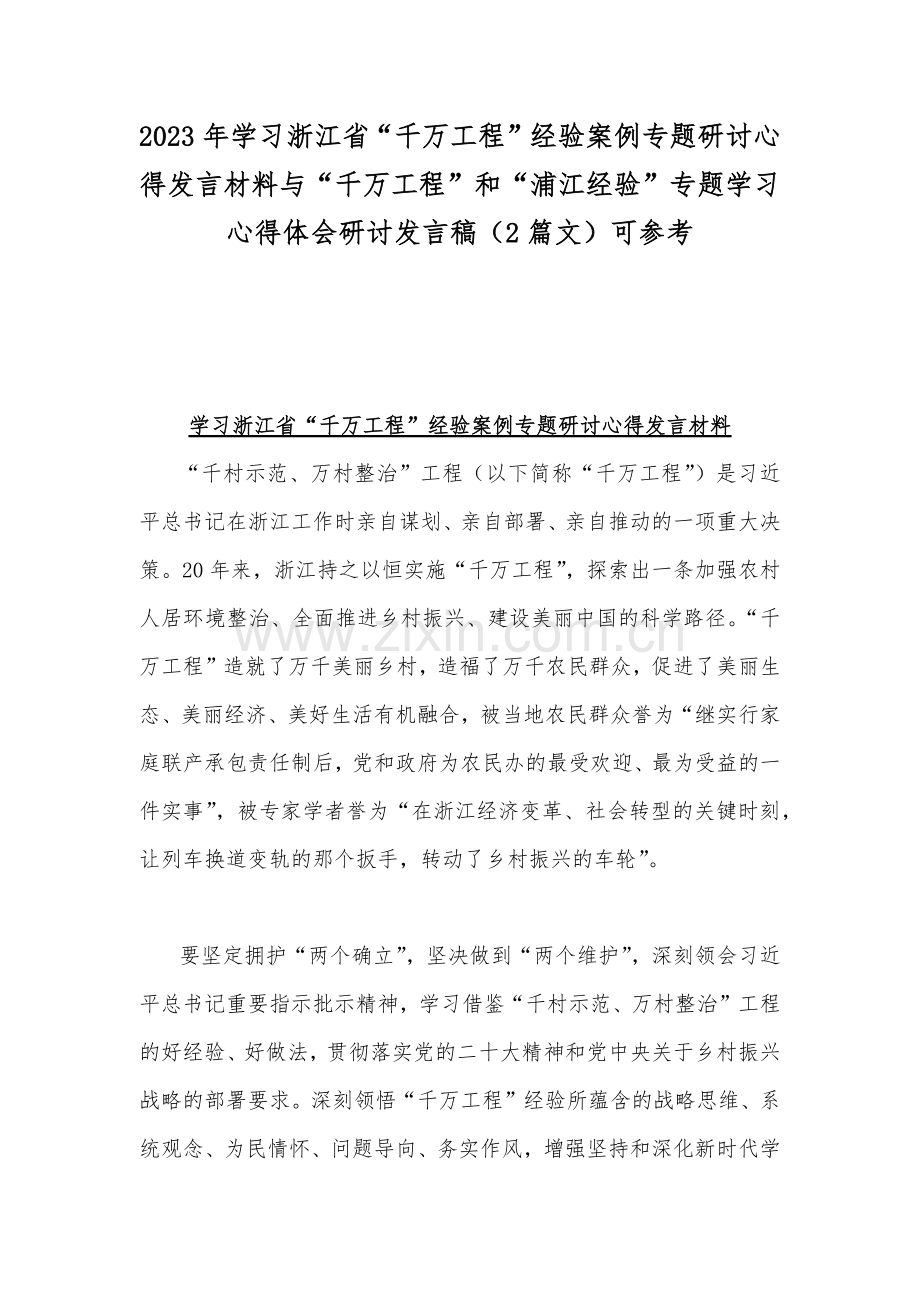 2023年学习浙江省“千万工程”经验案例专题研讨心得发言材料与“千万工程”和“浦江经验”专题学习心得体会研讨发言稿（2篇文）可参考.docx_第1页