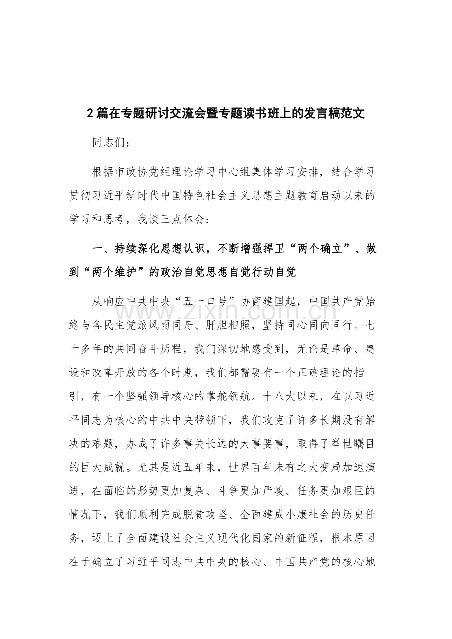 2篇在专题研讨交流会暨专题读书班上的发言稿范文.docx_第1页