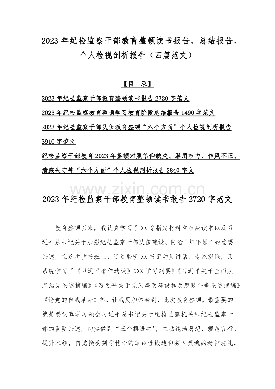 2023年纪检监察干部教育整顿读书报告、总结报告、个人检视剖析报告（四篇范文）.docx_第1页