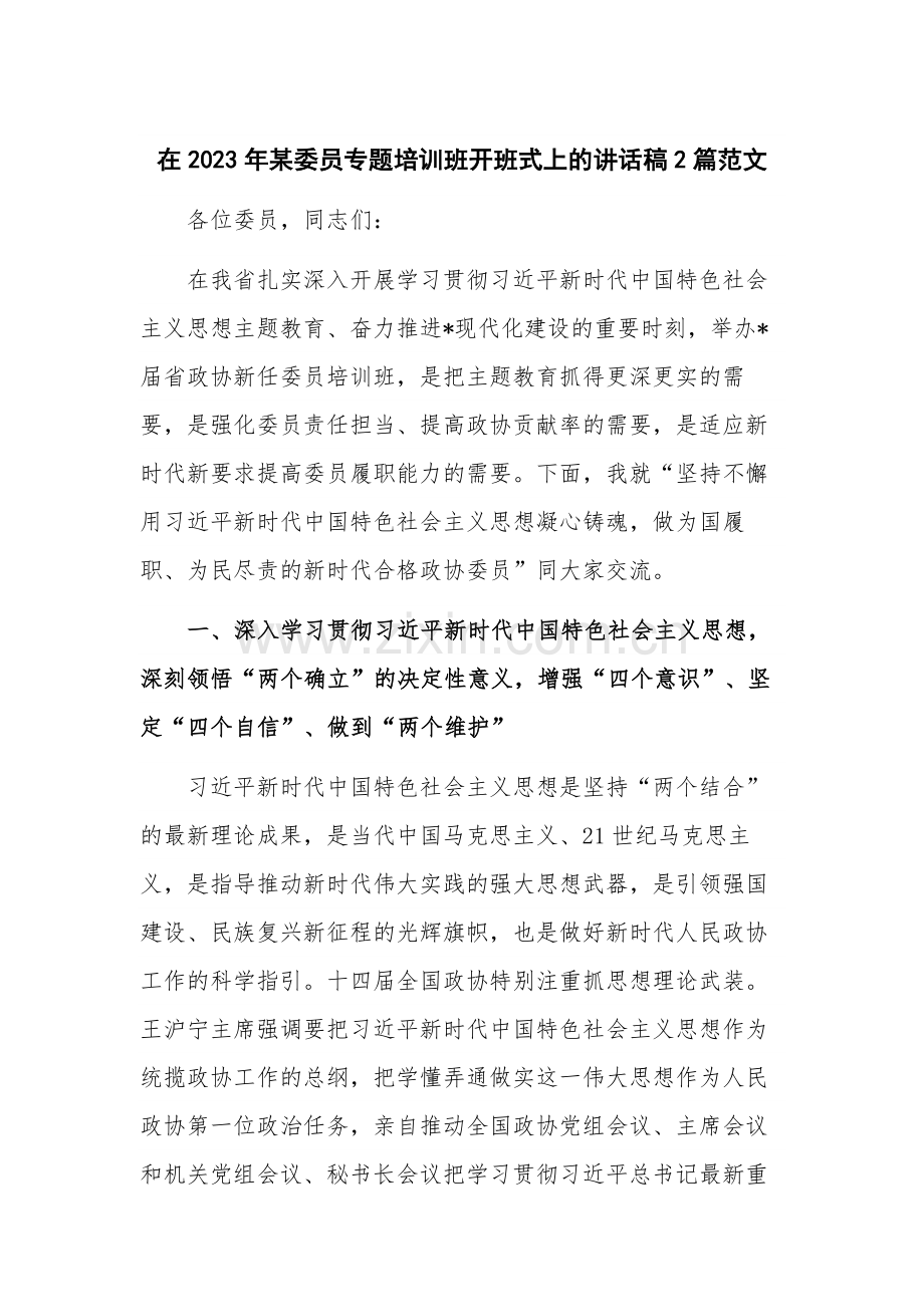 在2023年某委员专题培训班开班式上的讲话稿2篇范文.docx_第1页