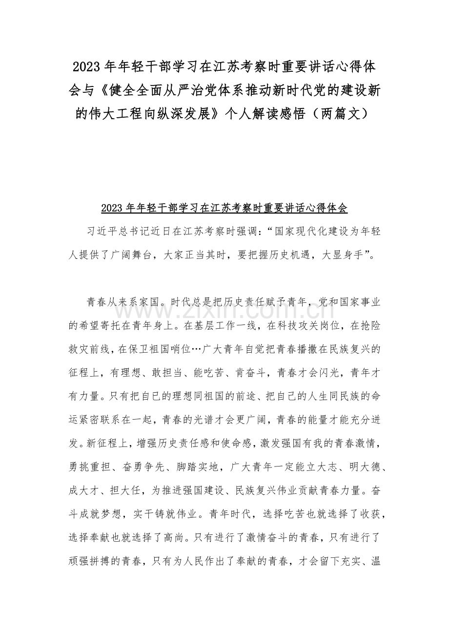 2023年年轻干部学习在江苏考察时重要讲话心得体会与《健全全面从严治党体系推动新时代党的建设新的伟大工程向纵深发展》个人解读感悟（两篇文）.docx_第1页