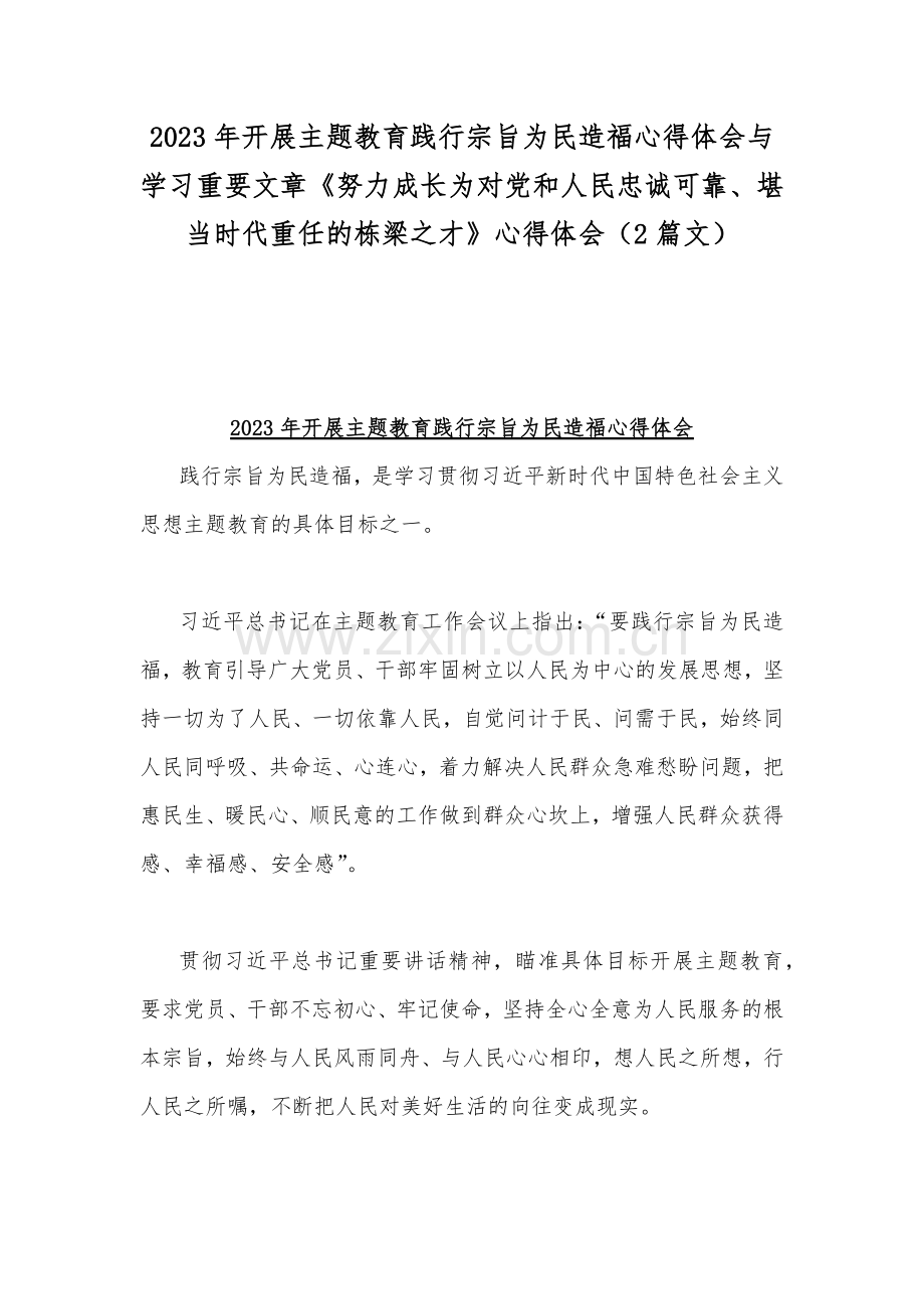 2023年开展主题教育践行宗旨为民造福心得体会与学习重要文章《努力成长为对党和人民忠诚可靠、堪当时代重任的栋梁之才》心得体会（2篇文）.docx_第1页