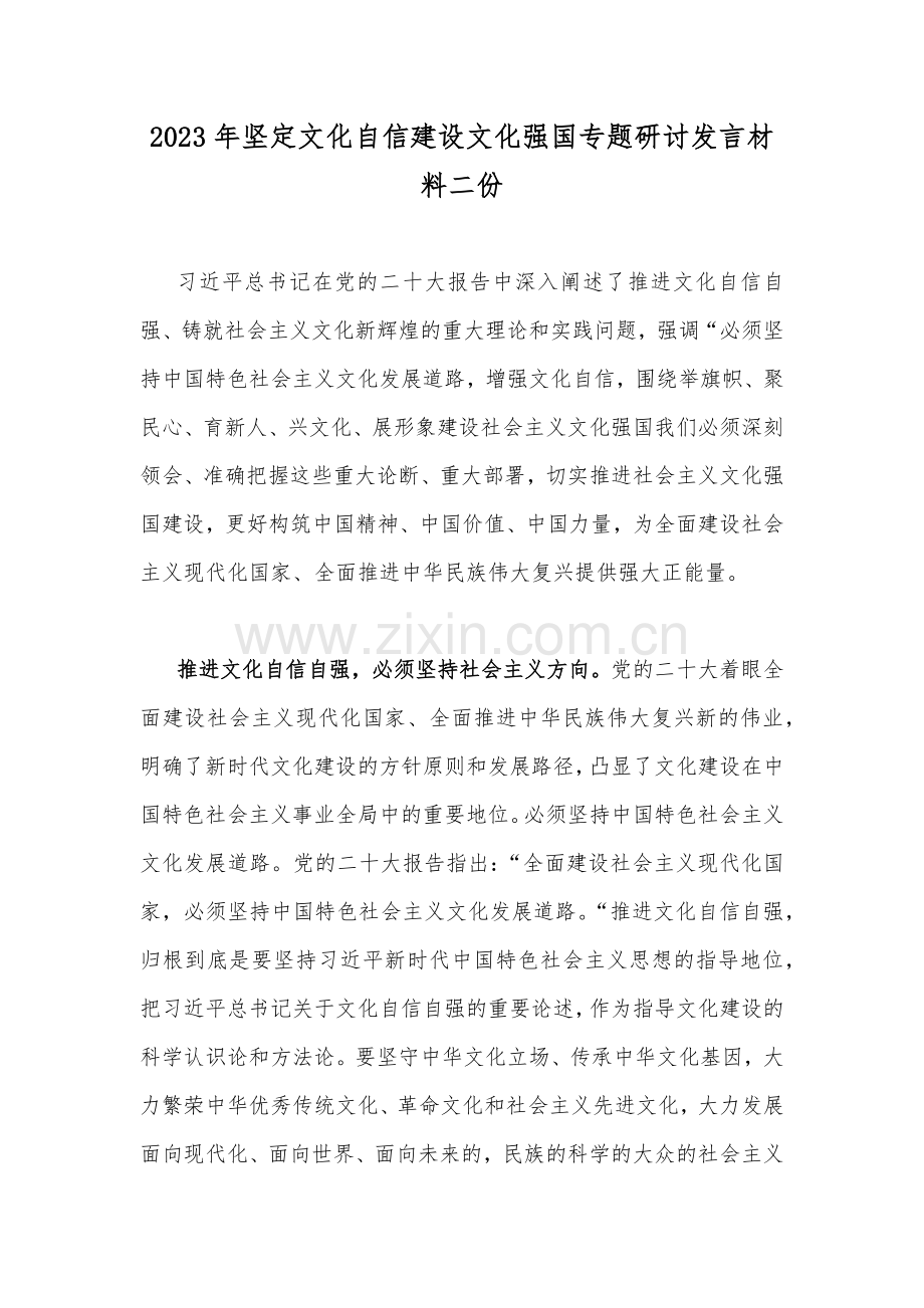 2023年坚定文化自信建设文化强国专题研讨发言材料二份.docx_第1页