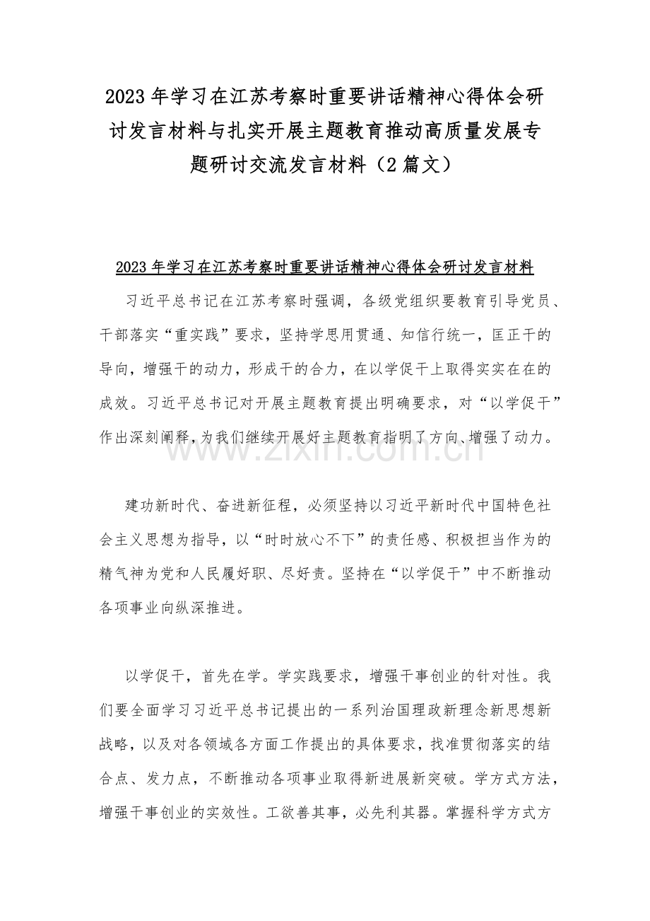 2023年学习在江苏考察时重要讲话精神心得体会研讨发言材料与扎实开展主题教育推动高质量发展专题研讨交流发言材料（2篇文）.docx_第1页