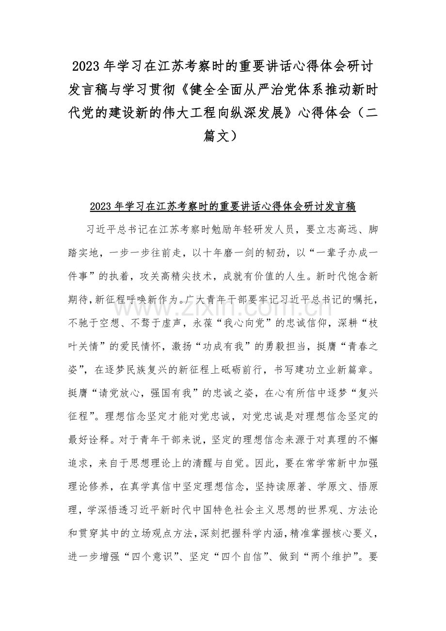 2023年学习在江苏考察时的重要讲话心得体会研讨发言稿与学习贯彻《健全全面从严治党体系推动新时代党的建设新的伟大工程向纵深发展》心得体会（二篇文）.docx_第1页