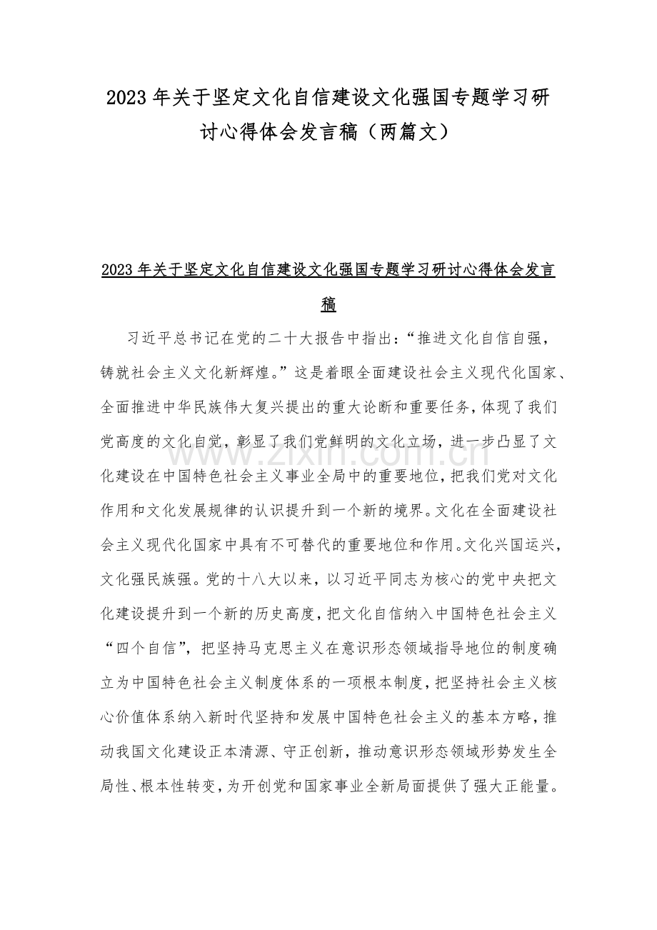 2023年关于坚定文化自信建设文化强国专题学习研讨心得体会发言稿（两篇文）.docx_第1页