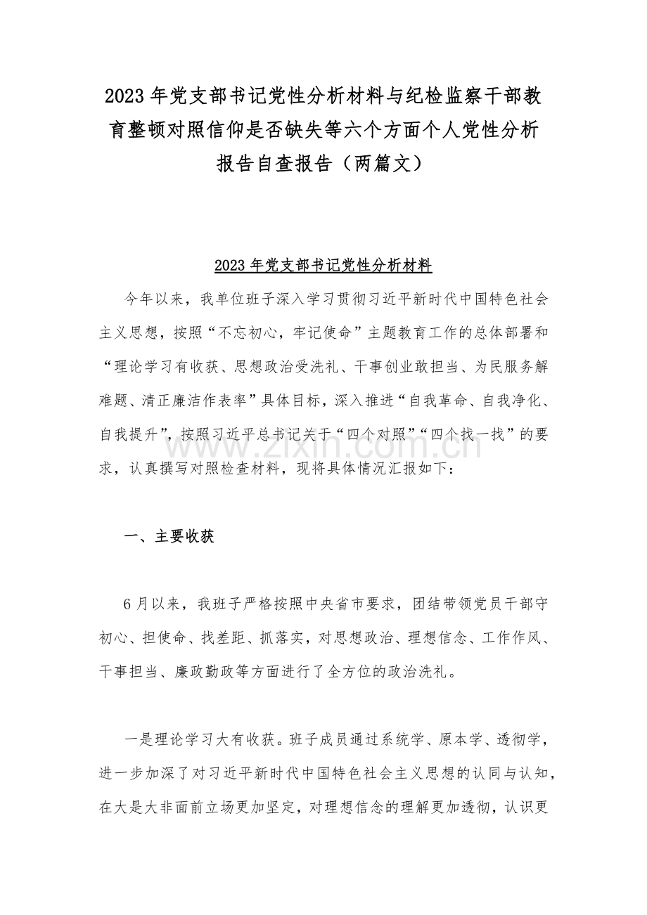 2023年党支部书记党性分析材料与纪检监察干部教育整顿对照信仰是否缺失等六个方面个人党性分析报告自查报告（两篇文）.docx_第1页