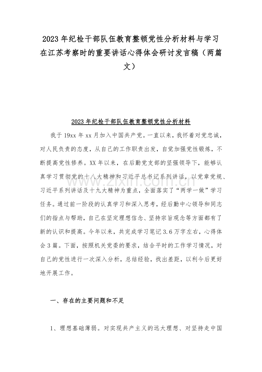 2023年纪检干部队伍教育整顿党性分析材料与学习在江苏考察时的重要讲话心得体会研讨发言稿（两篇文）.docx_第1页