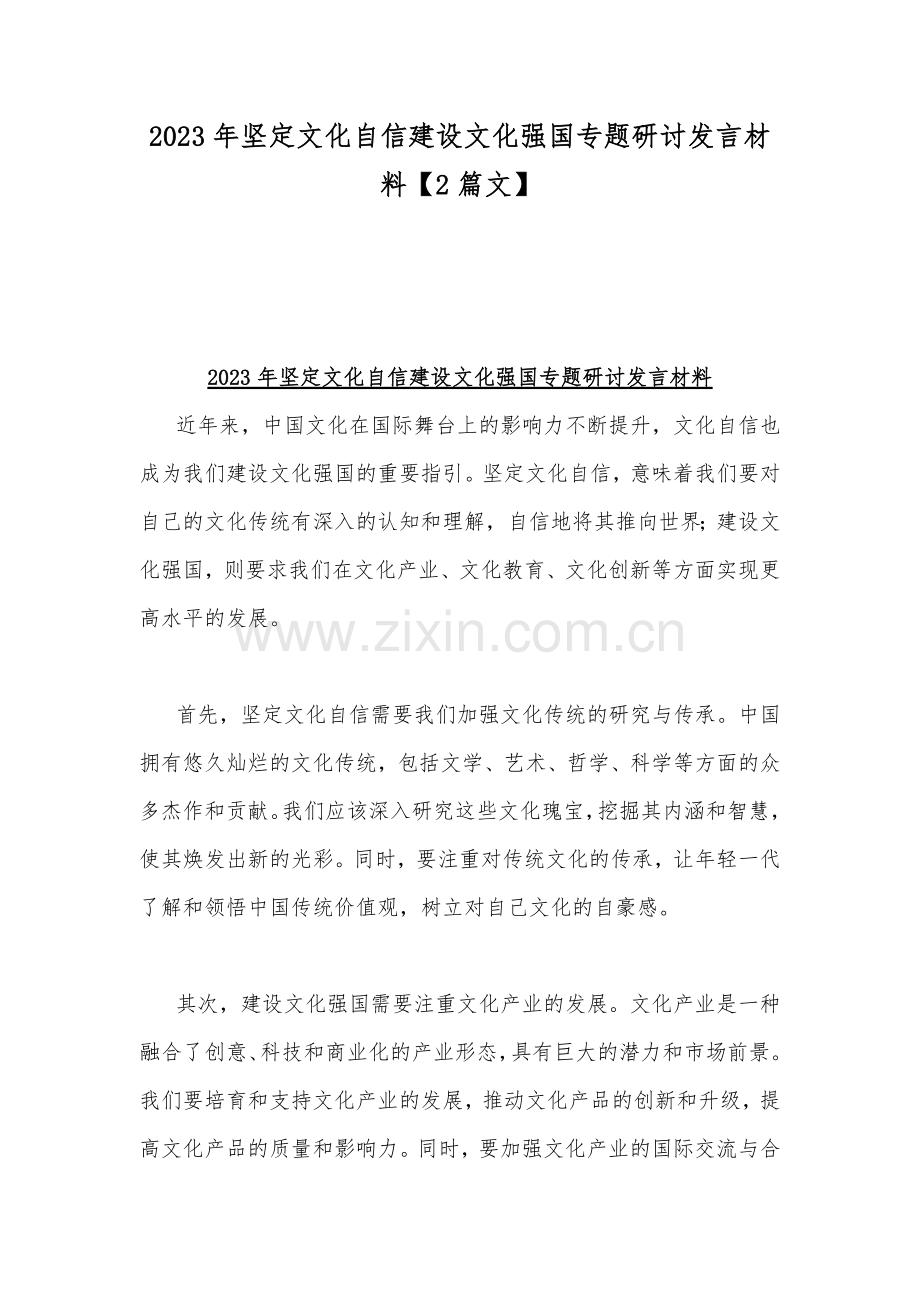 2023年坚定文化自信建设文化强国专题研讨发言材料【2篇文】.docx_第1页