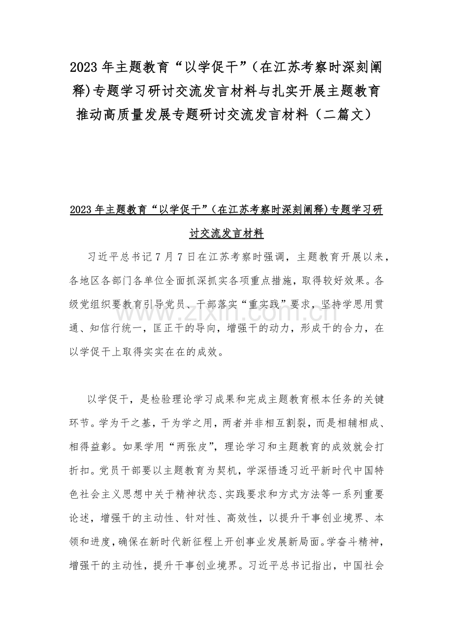 2023年主题教育“以学促干”（在江苏考察时深刻阐释)专题学习研讨交流发言材料与扎实开展主题教育推动高质量发展专题研讨交流发言材料（二篇文）.docx_第1页