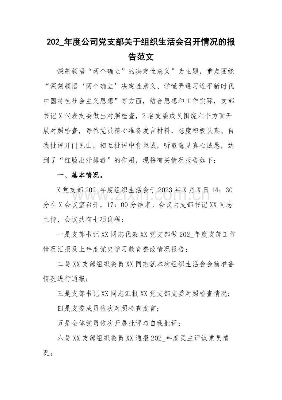 202_年度公司党支部关于组织生活会召开情况的报告范文.docx_第1页