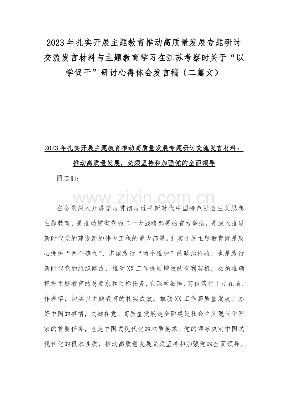 2023年扎实开展主题教育推动高质量发展专题研讨交流发言材料与主题教育学习在江苏考察时关于“以学促干”研讨心得体会发言稿（二篇文）.docx_第1页