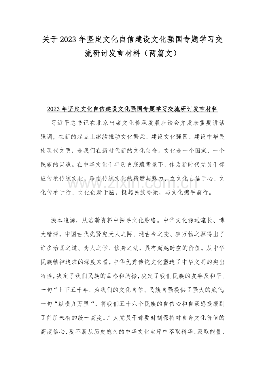 关于2023年坚定文化自信建设文化强国专题学习交流研讨发言材料（两篇文）.docx_第1页