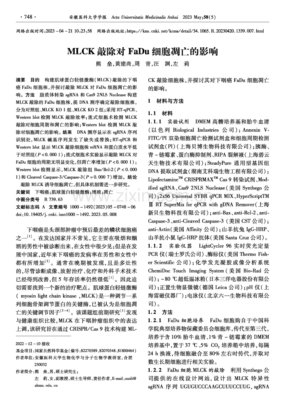 MLCK敲除对FaDu细胞凋亡的影响.pdf_第1页