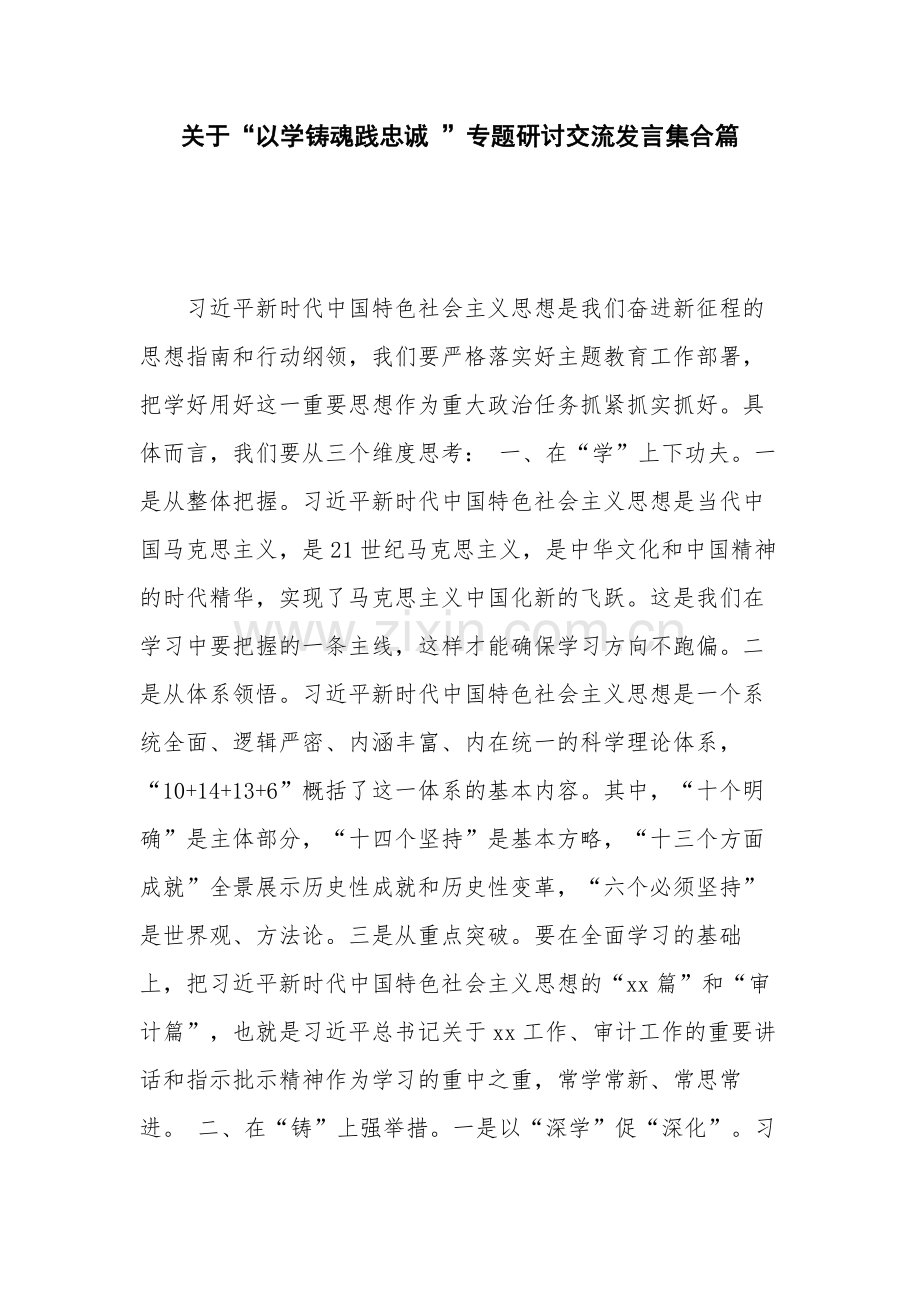 关于“以学铸魂践忠诚 ”专题研讨交流发言集合篇.docx_第1页