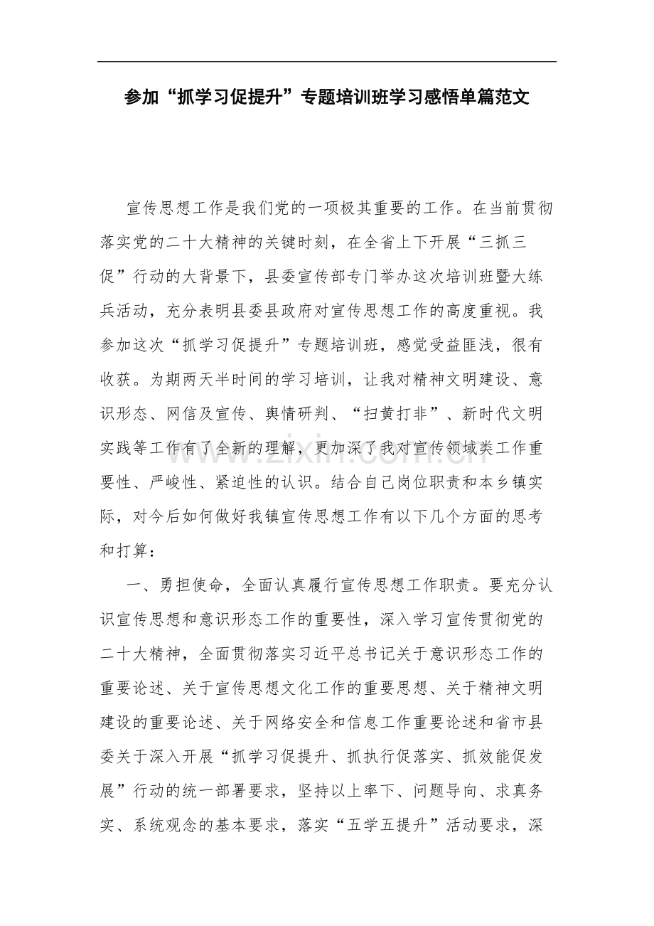 参加“抓学习促提升”专题培训班学习感悟单篇范文.docx_第1页