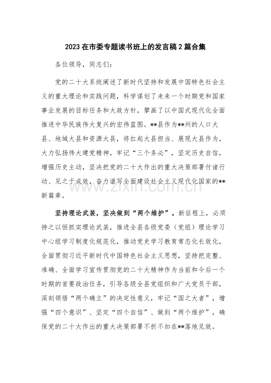 2023在市委专题读书班上的发言稿2篇合集.docx_第1页