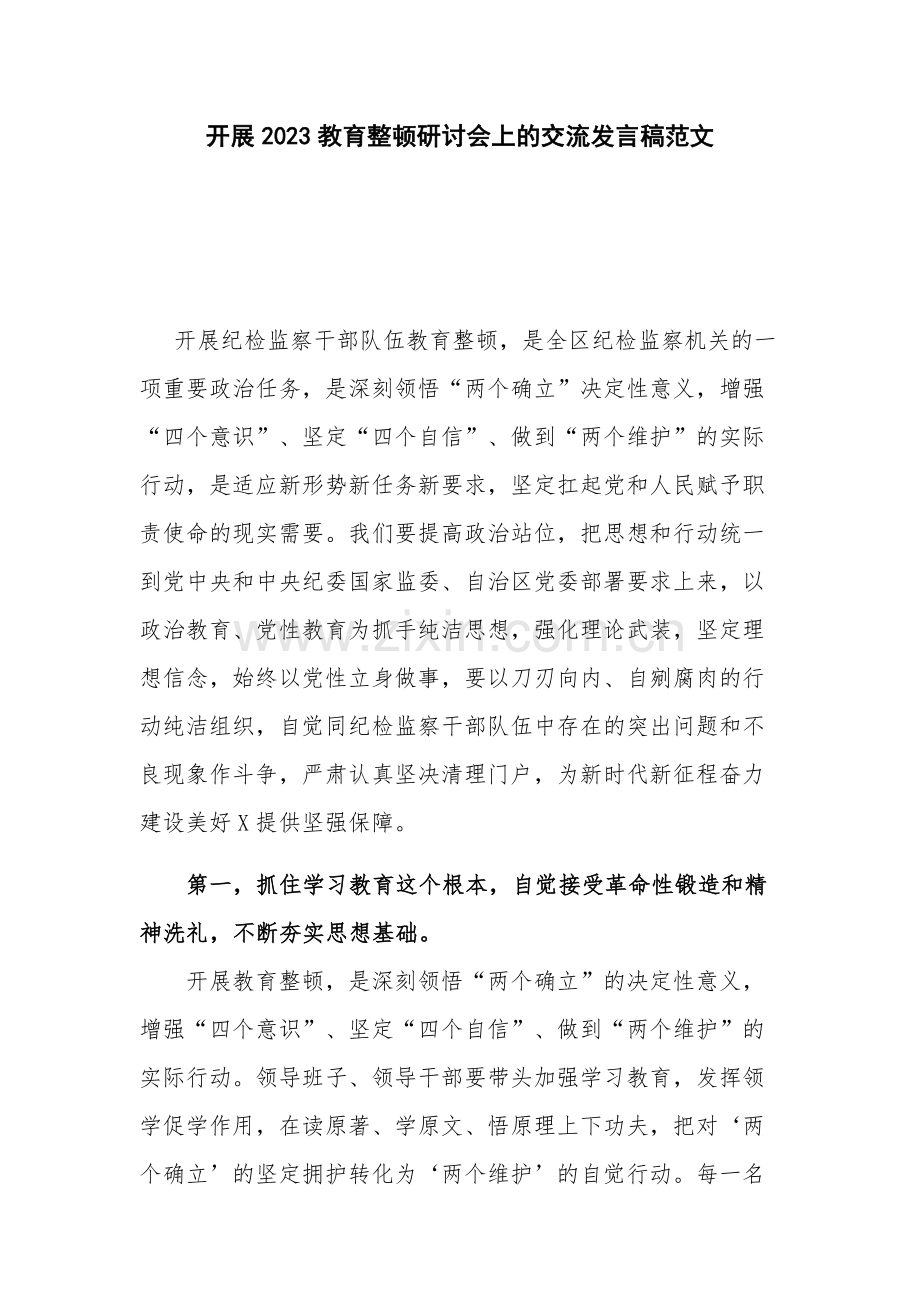 开展2023教育整顿研讨会上的交流发言稿范文.docx_第1页