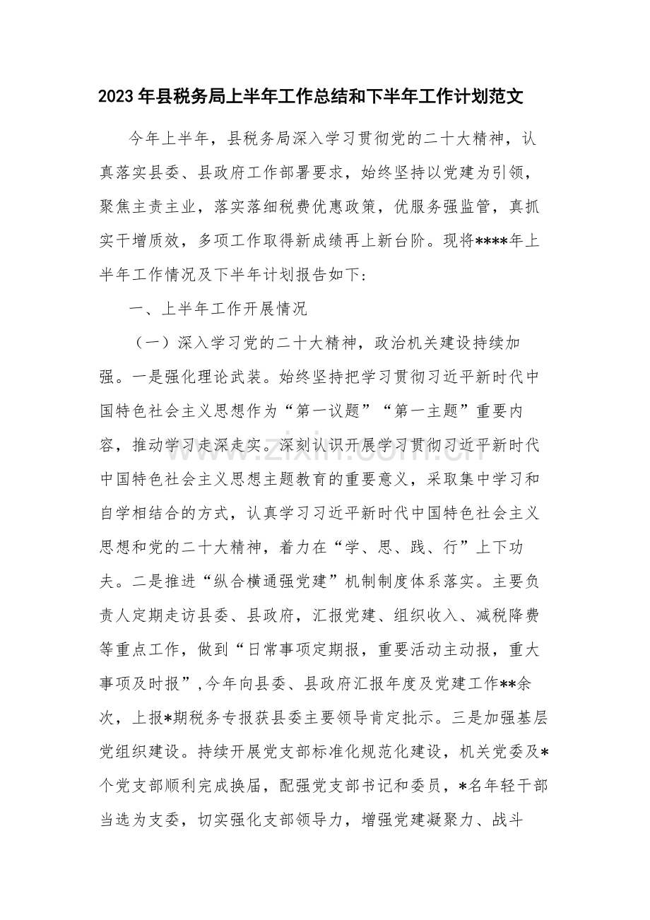 2023年县税务局上半年工作总结和下半年工作计划范文.docx_第1页