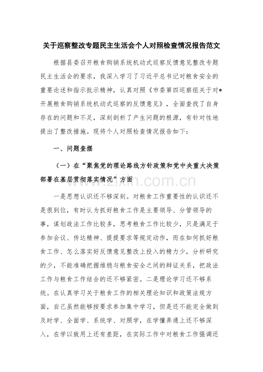 关于巡察整改专题民主生活会个人对照检查情况报告范文.docx_第1页