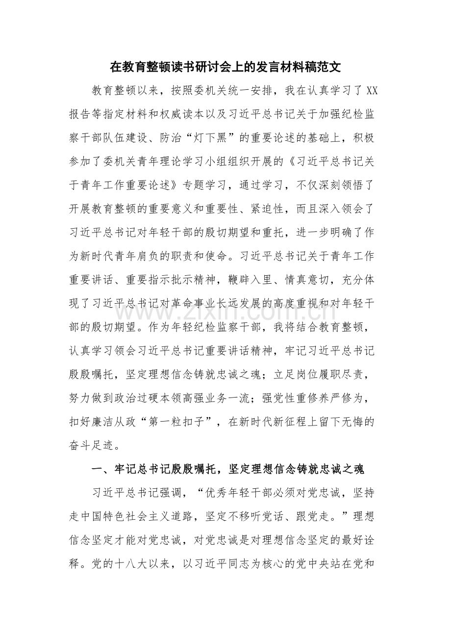 在教育整顿读书研讨会上的发言材料稿范文.docx_第1页