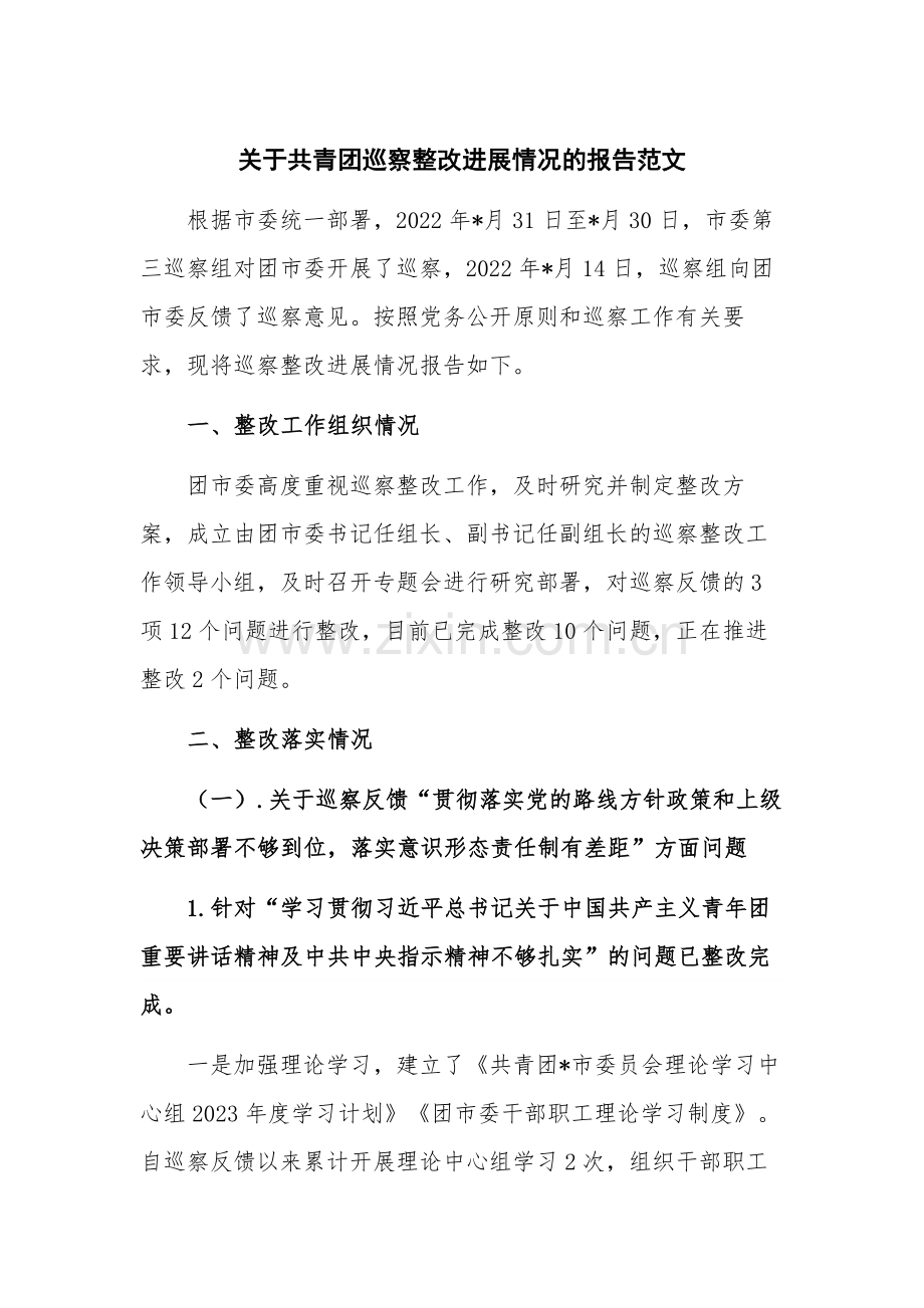 关于共青团巡察整改进展情况的报告范文.docx_第1页