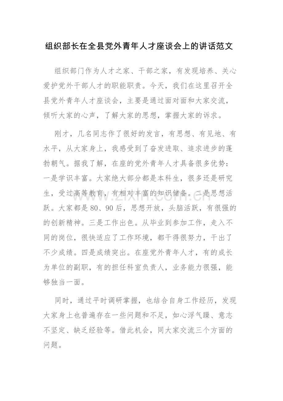 组织部长在全县党外青年人才座谈会上的讲话范文.docx_第1页