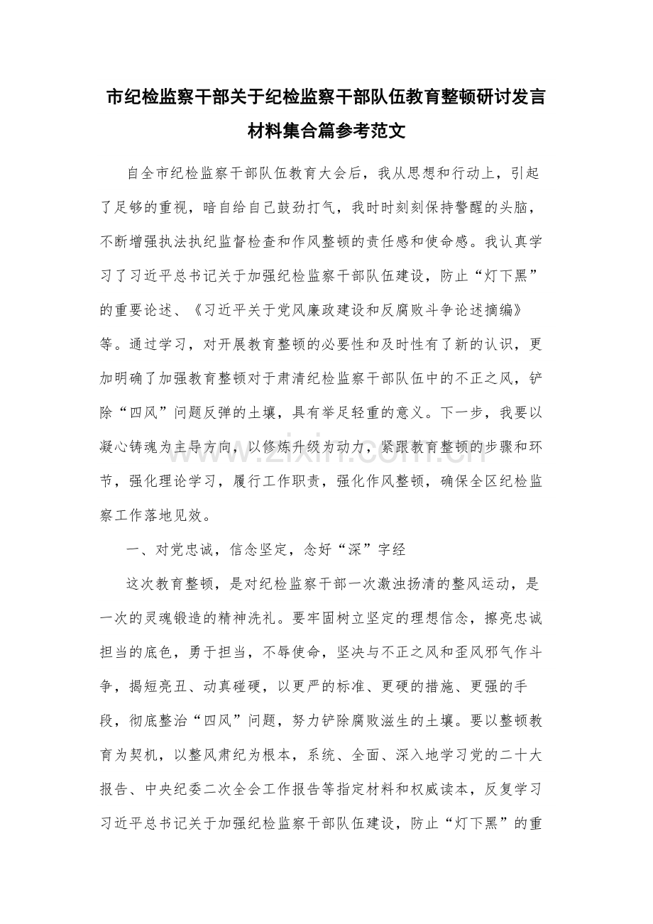 市纪检监察干部关于纪检监察干部队伍教育整顿研讨发言材料集合篇参考范文.docx_第1页