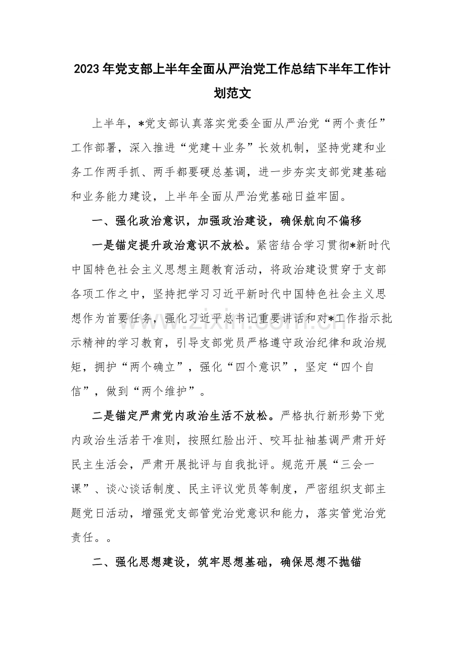 2023年党支部上半年全面从严治党工作总结下半年工作计划范文.docx_第1页