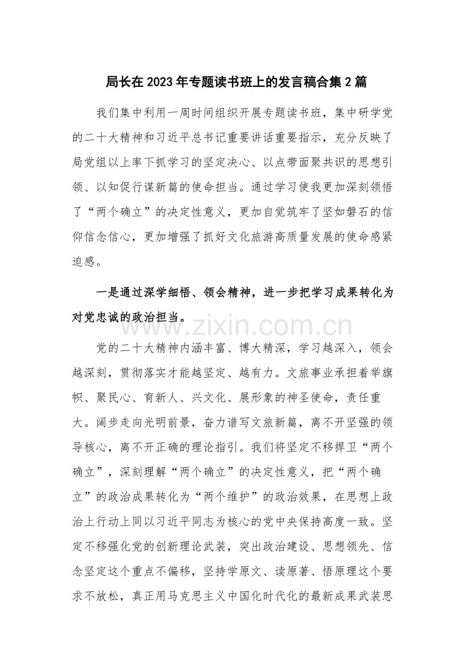 局长在2023年专题读书班上的发言稿合集2篇.docx_第1页