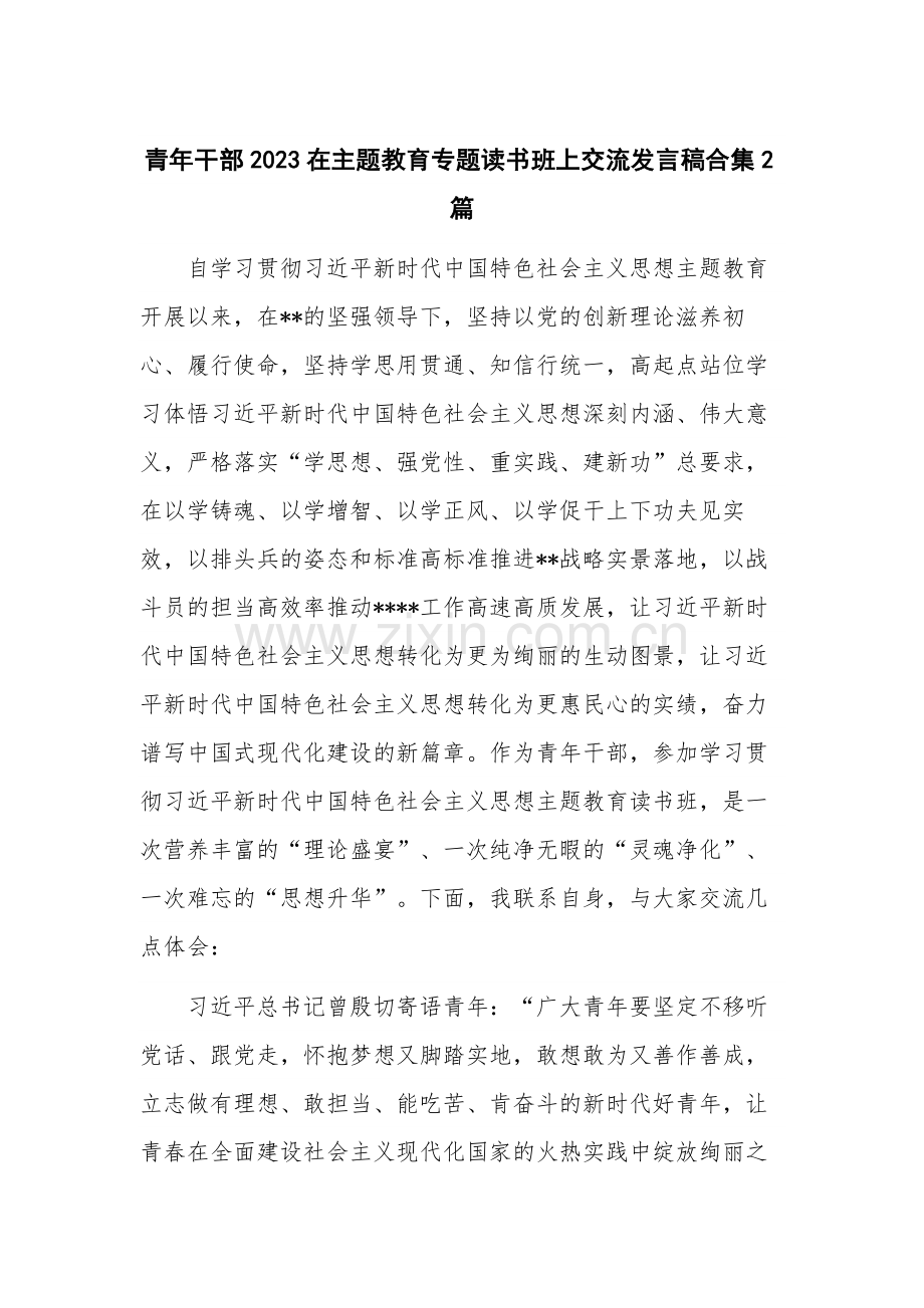 青年干部2023在主题教育专题读书班上交流发言稿合集2篇.docx_第1页