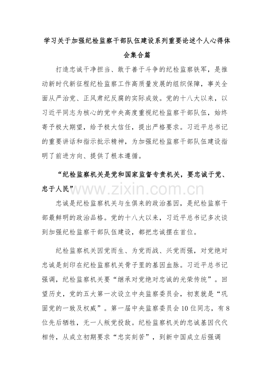 学习关于加强纪检监察干部队伍建设系列重要论述个人心得体会集合篇.docx_第1页