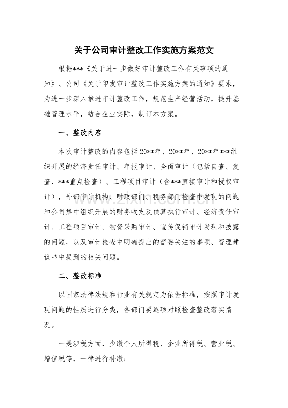 关于公司审计整改工作实施方案范文.docx_第1页