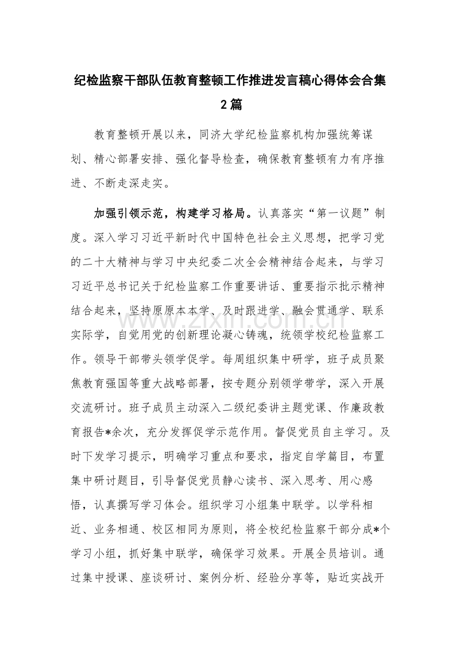 纪检监察干部队伍教育整顿工作推进发言稿心得体会合集2篇.docx_第1页