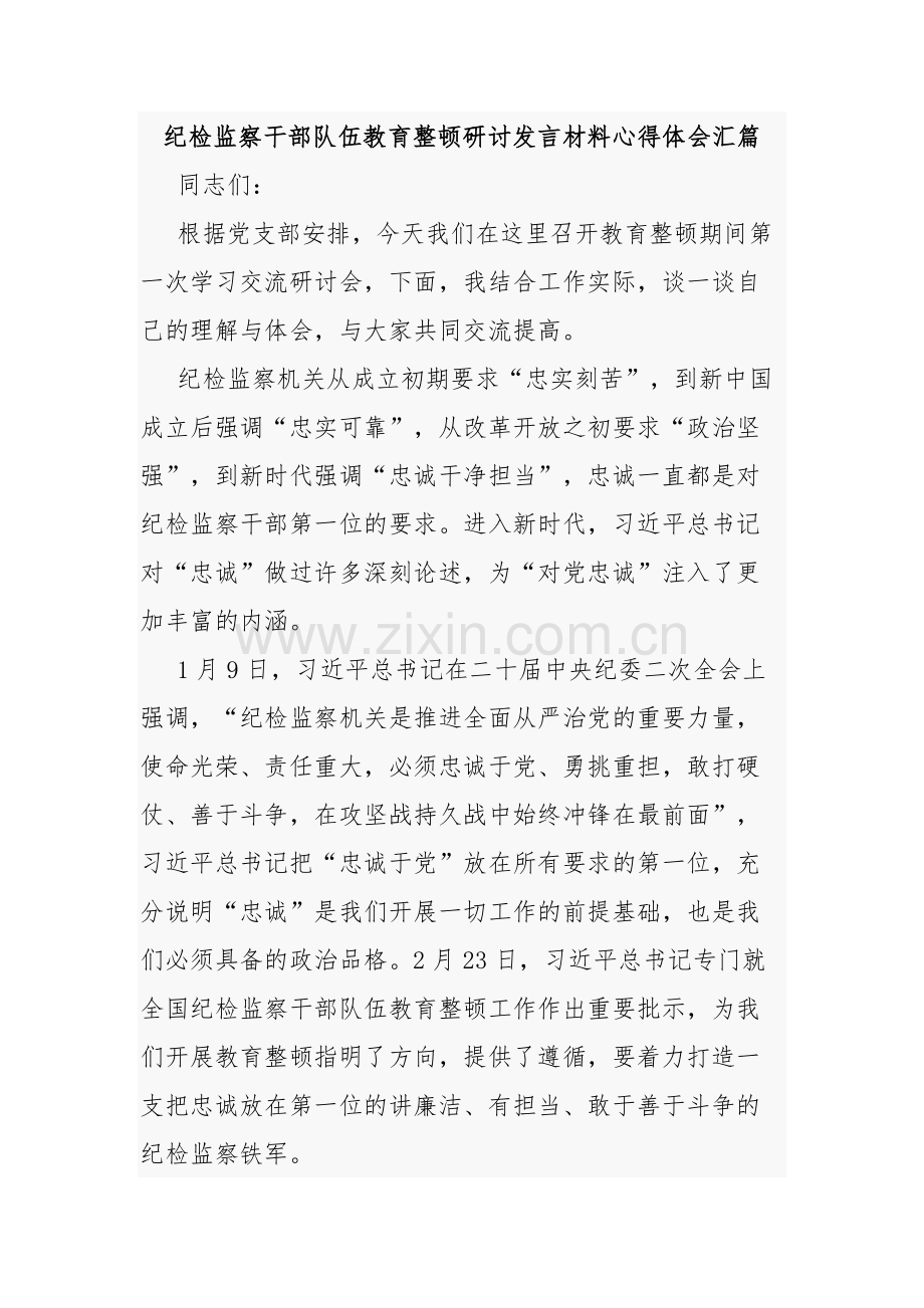 纪检监察干部队伍教育整顿研讨发言材料心得体会汇篇.docx_第1页