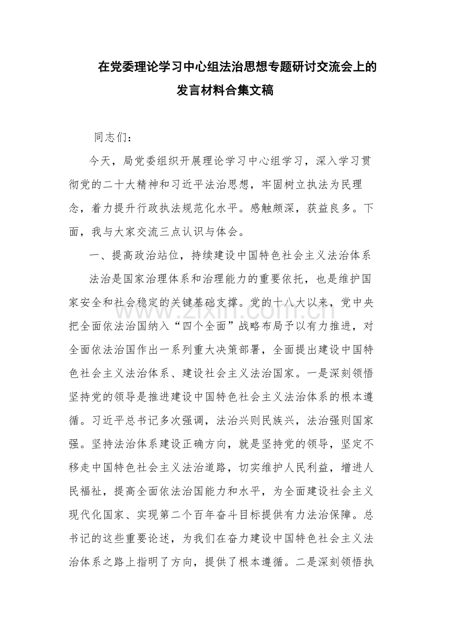 在党委理论学习中心组法治思想专题研讨交流会上的发言材料合集文稿.docx_第1页