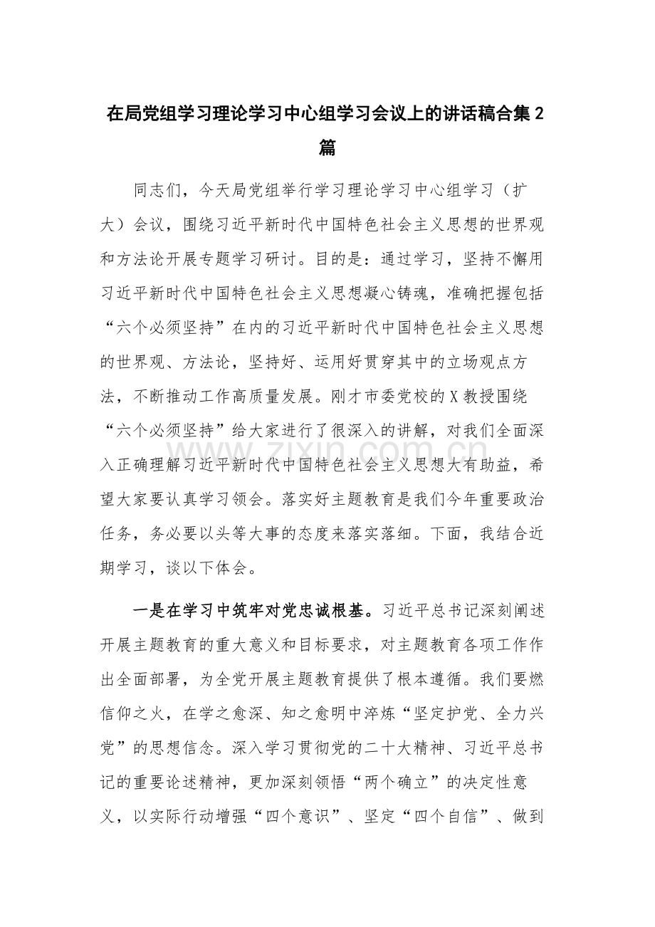 在局党组学习理论学习中心组学习会议上的讲话稿合集2篇.docx_第1页