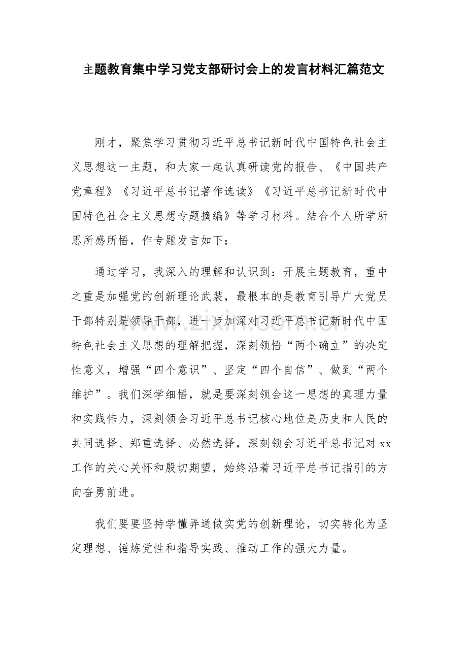 主题教育集中学习党支部研讨会上的发言材料汇篇范文.docx_第1页