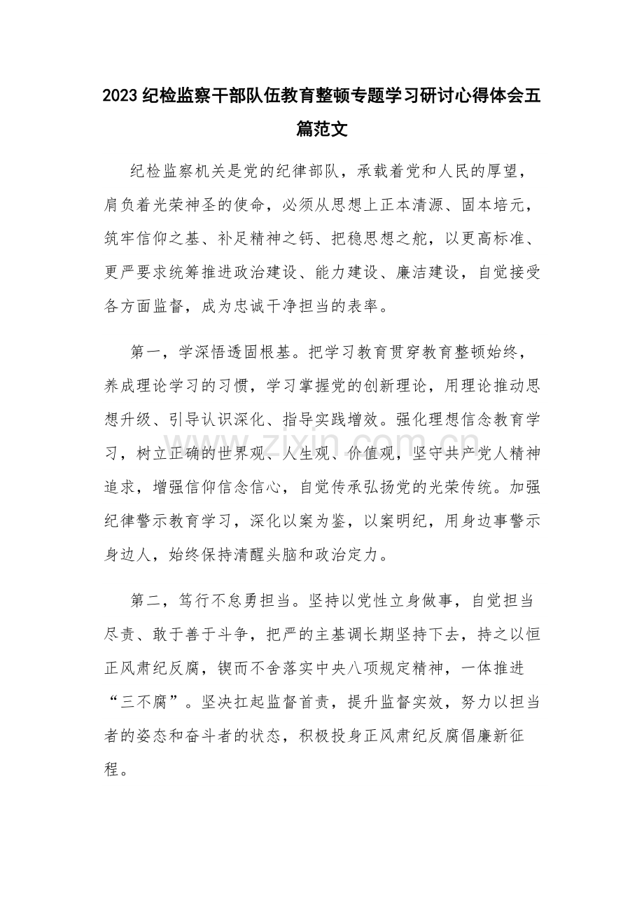 2023纪检监察干部队伍教育整顿专题学习研讨心得体会五篇范文.docx_第1页